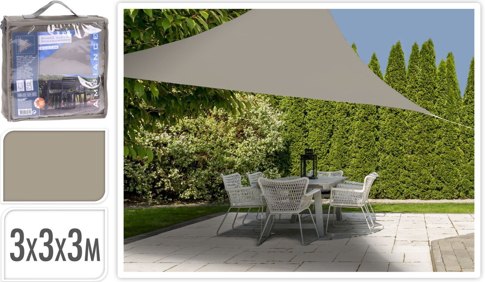 TELA SOMBRA TRIANGULAR AMBIANCE 3X3X3MTS. VERDE KAKI