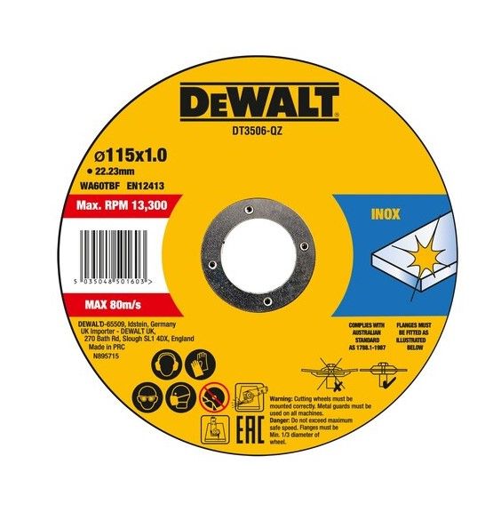 DISCO DEWALT CORTE A/INOXIDABLE 1MM.X115MM.(LATA 10 UDS.)