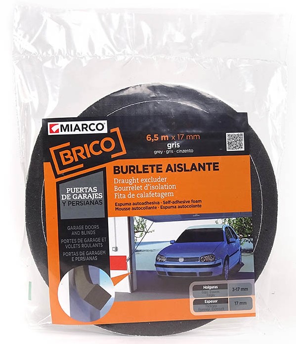 BURLETE ADHESIVO MIARCO ESPUMA GARAJE GRIS 17X17MMX6'5M